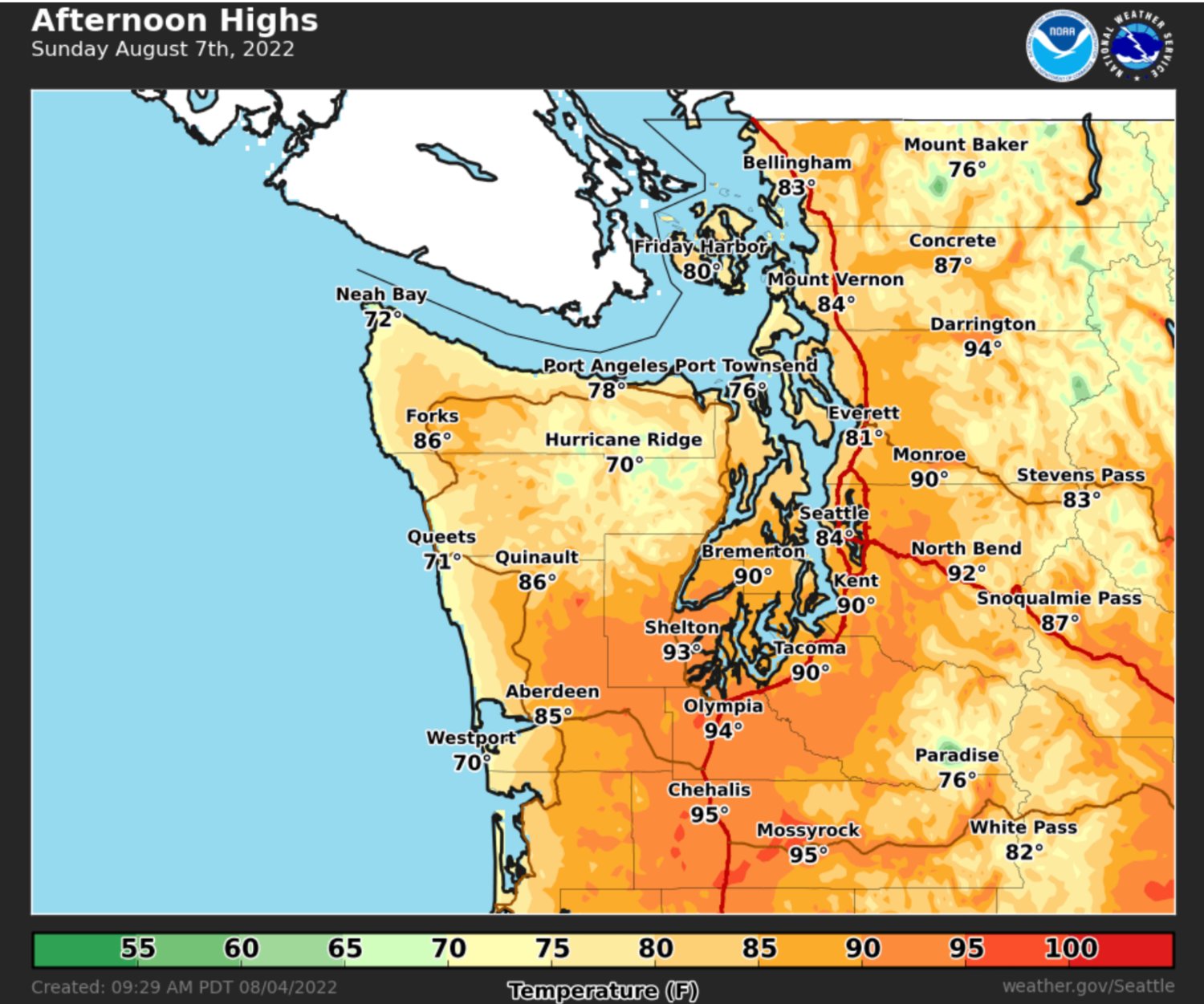 This map from the National Weather Service shows projected temperatures in Western Washington on Sunday,
